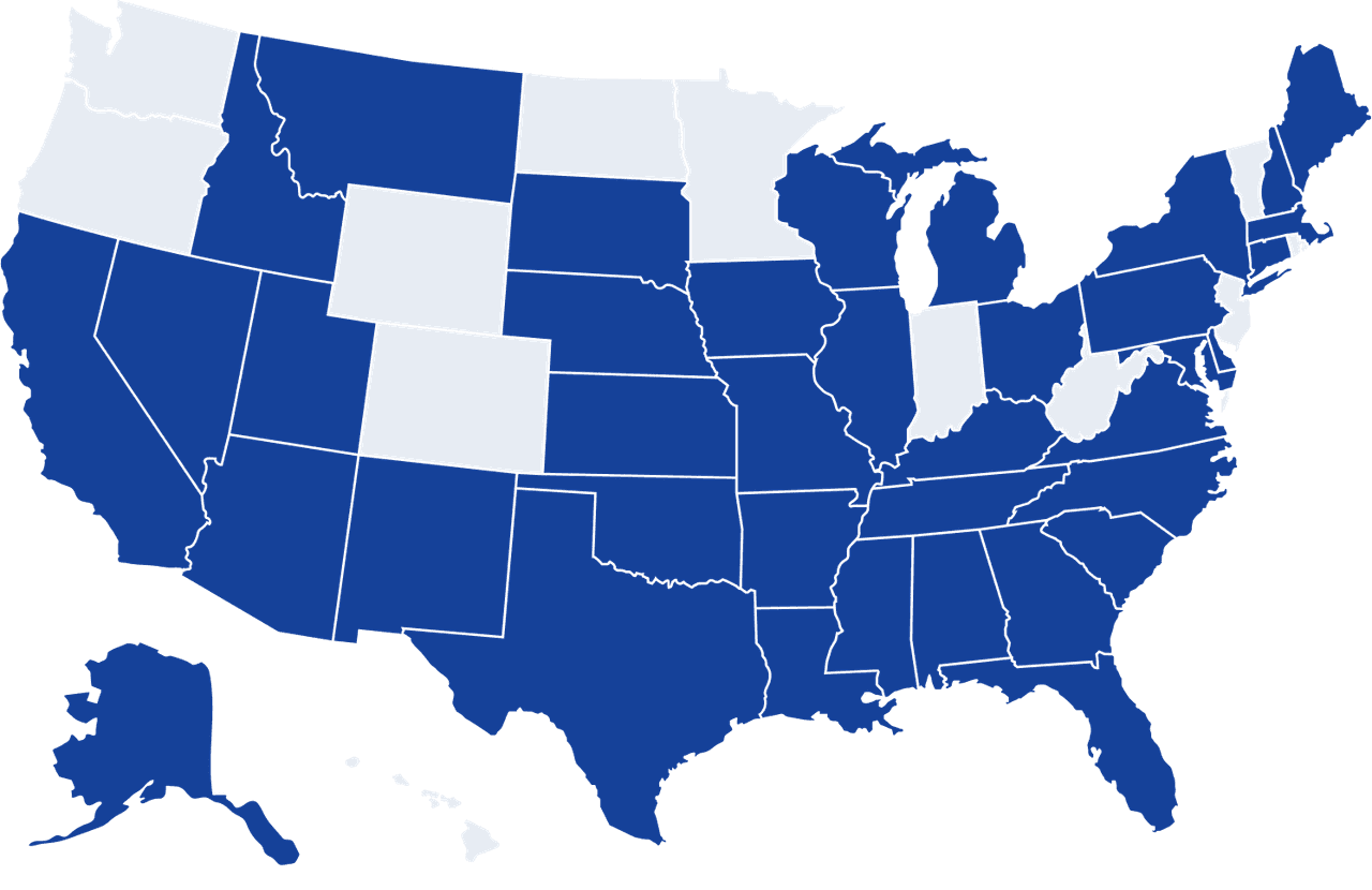 Map of the USA highlighting states where Freedom Debt Relief services are available, shown in blue