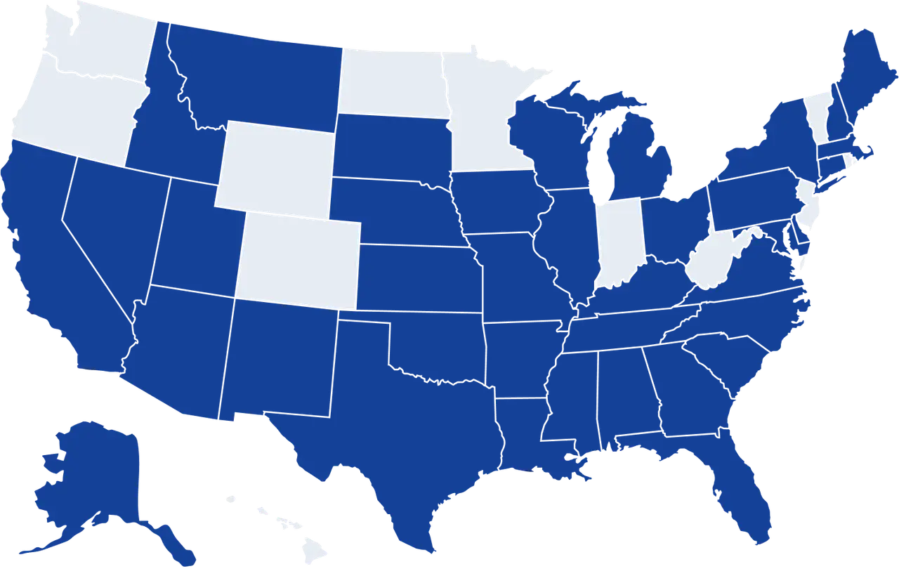 Map of the USA highlighting states where Freedom Debt Relief services are available, shown in blue